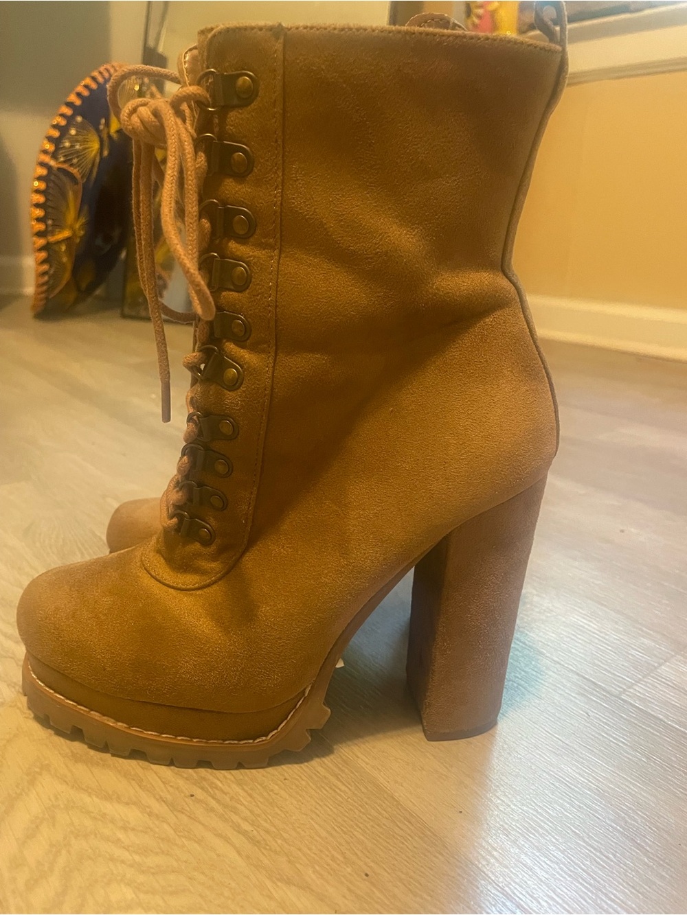 High-Heel Lace-Up Platform Ankle Boot in Tan Suede